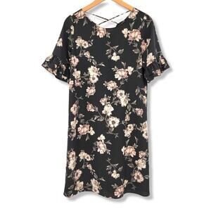 Leis Amis Black Floral Ruffle Sleeve‎ Mini Dress Size Small